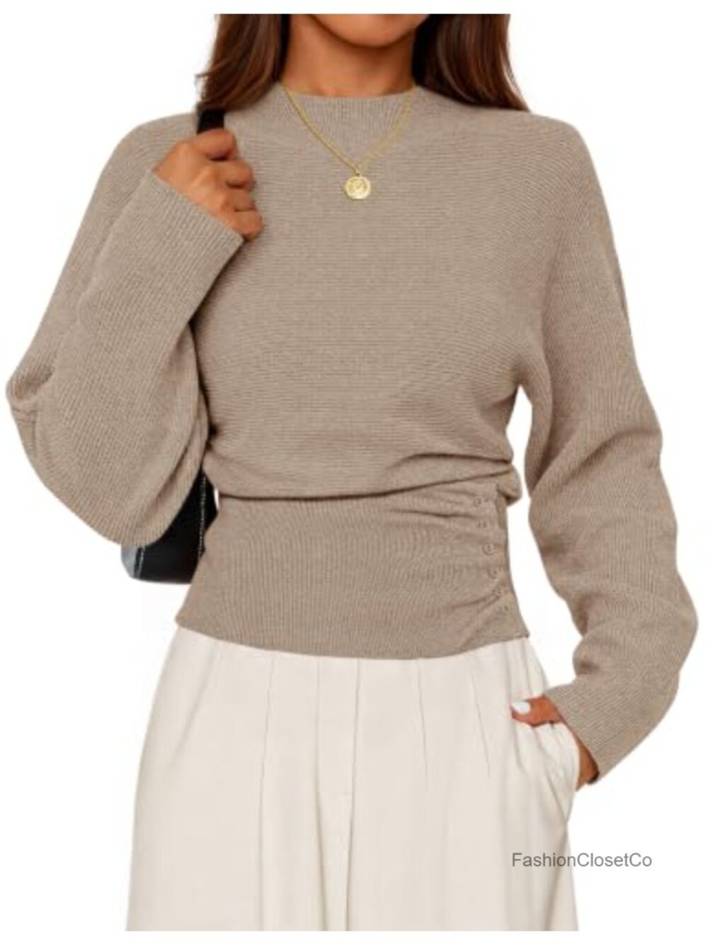 Women's Batwing Sleeve Mock Neck Sweater Ruched Cinched Waist Ribbed Knit
